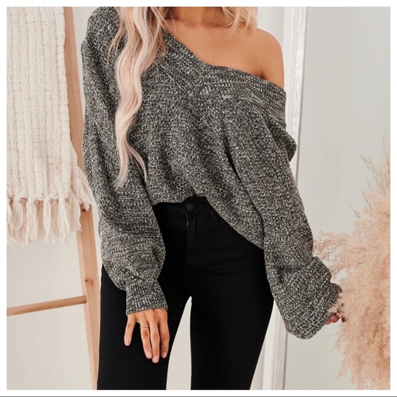 Peppered V balloon sleeves knit V sweater - Picture 2 of 9